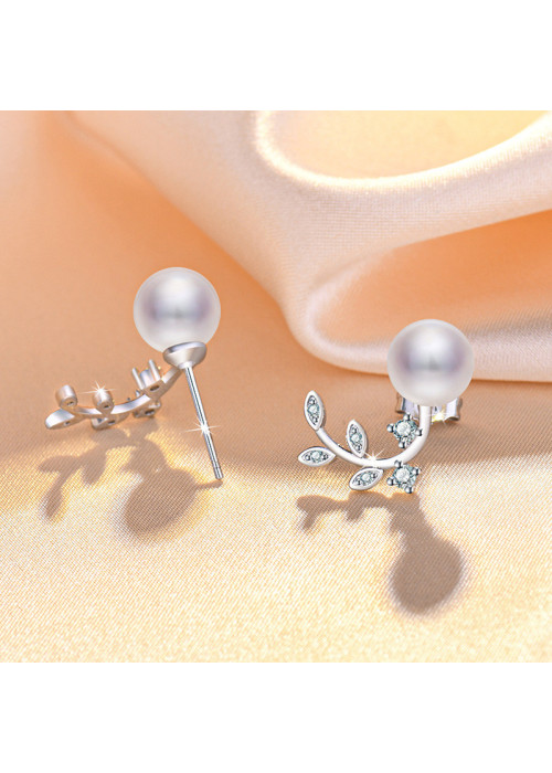 Jewels Galaxy Silver Plated American Diamond Studded Pearl Leaf Korean Stud Earrings