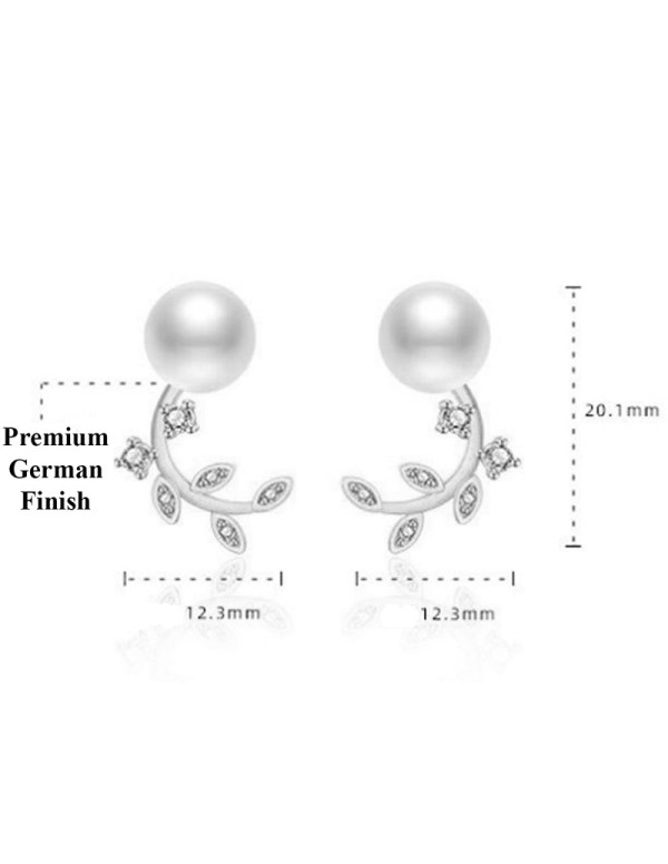 Jewels Galaxy Silver Plated American Diamond Studded Pearl Leaf Korean Stud Earrings