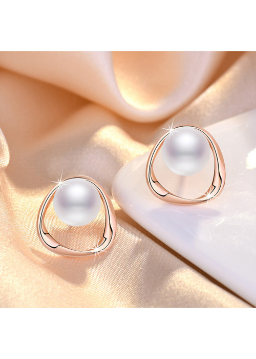 Jewels Galaxy Rose Gold Plated Triangle Shaped Pearl Studded Korean Stud Earrings