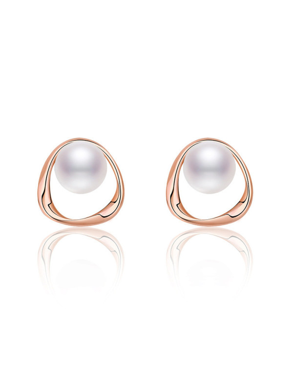 Jewels Galaxy Rose Gold Plated Triangle Shaped Pearl Studded Korean Stud Earrings