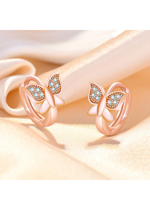 Jewels Galaxy Rose Gold Plated American Diamond Studded Butterfly Shape Korean Hoop Earrings