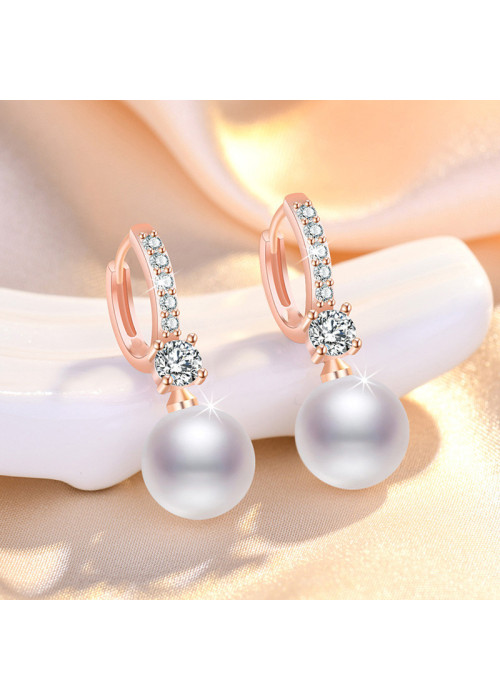 Jewels Galaxy Rose Gold Plated American Diamond Studded Contemporary Pearl Korean Drop Earrings