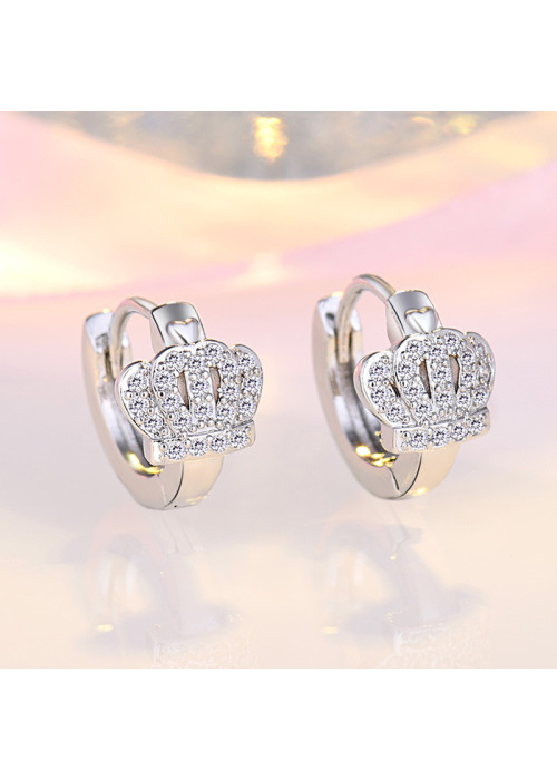 Jewels Galaxy Silver Plated American Diamond Studded Crown Shape Korean Hoop Earrings