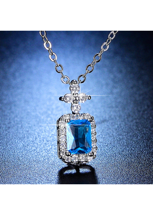 Jewels Galaxy Silver Plated Crystal Studded Geometrical Blue Stone Anti Tarnish Solitaire Pendant