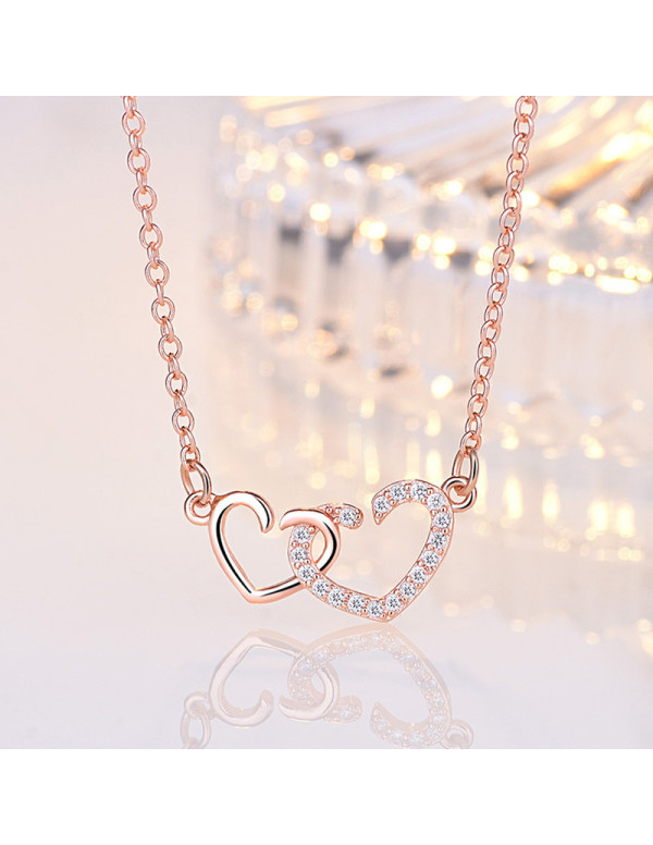 Jewels Galaxy Rose Gold Plated American Diamond Studded Dual Heart Contemporary Korean Pendant