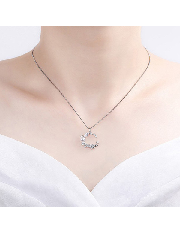 Jewels Galaxy Silver Plated American Diamond Studded Moon Shape Contemporary Korean Pendant