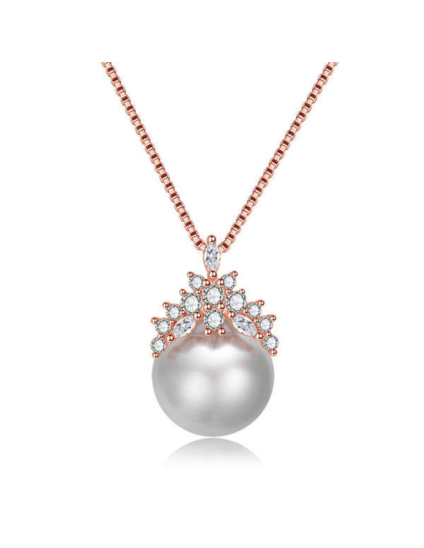 Jewels Galaxy Rose Gold Plated American Diamond Studded Crown Like Pearl Studded Korean Pendant