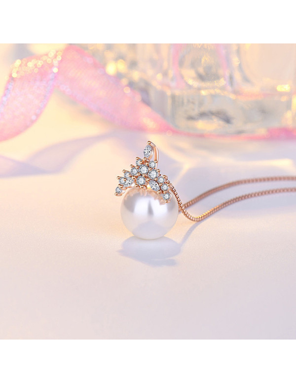 Jewels Galaxy Rose Gold Plated American Diamond Studded Crown Like Pearl Studded Korean Pendant