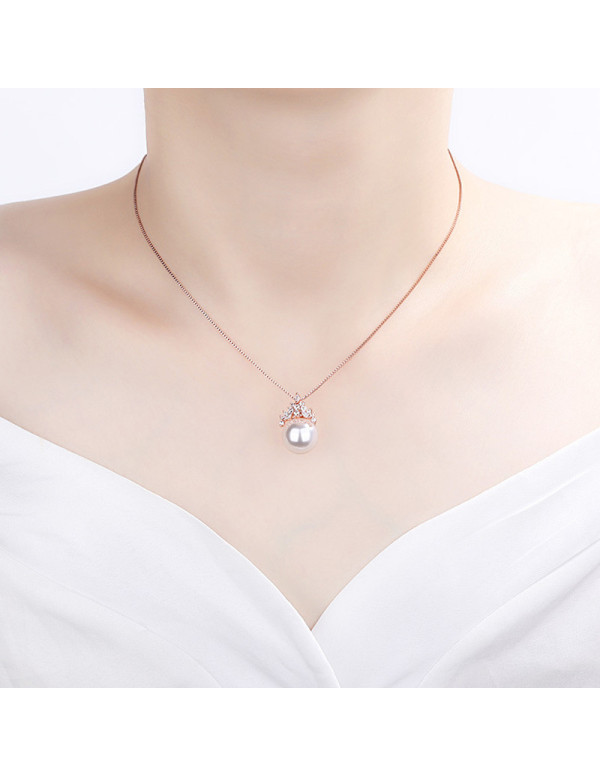 Jewels Galaxy Rose Gold Plated American Diamond Studded Crown Like Pearl Studded Korean Pendant