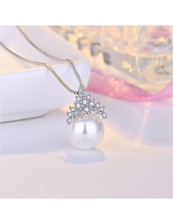 Jewels Galaxy Silver Plated American Diamond Studded Crown Like Pearl Studded Korean Pendant