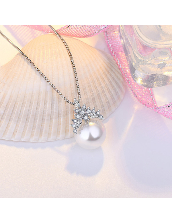 Jewels Galaxy Silver Plated American Diamond Studded Crown Like Pearl Studded Korean Pendant