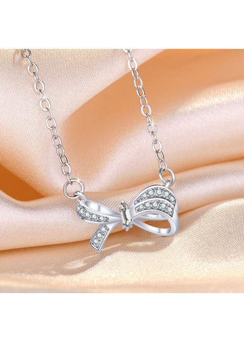 Jewels Galaxy Silver Plated American Diamond Studded Bow Like Contemporary Korean Pendant