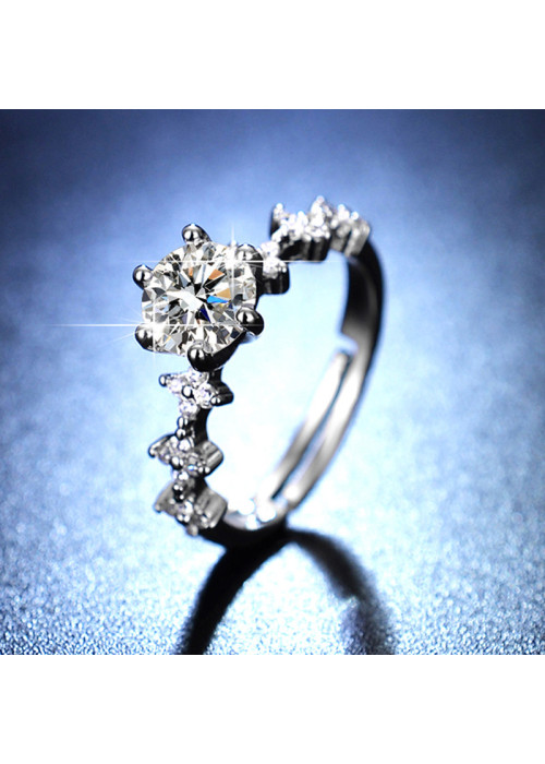 Jewels Galaxy Silver Plated American Diamond Studded Floral Anti Tarnish Adjustable Solitaire Ring