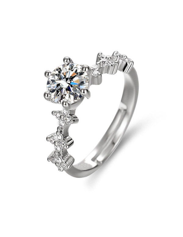 Jewels Galaxy Silver Plated American Diamond Studded Floral Anti Tarnish Adjustable Solitaire Ring