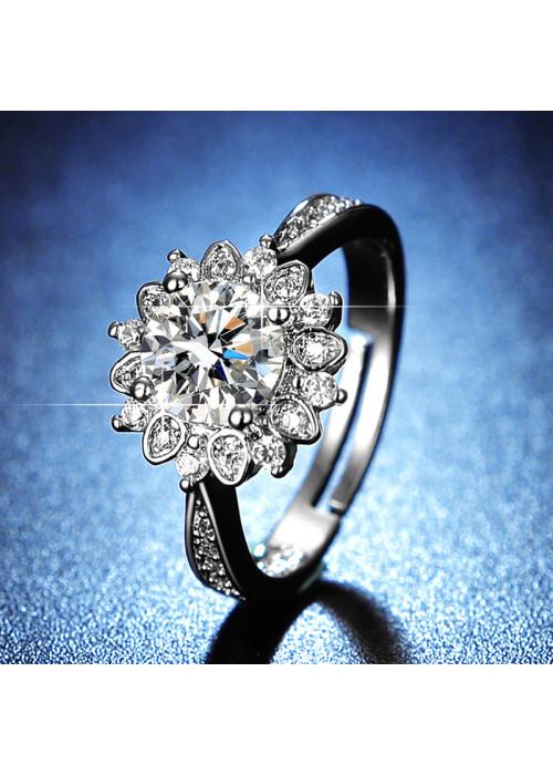 Jewels Galaxy Silver Plated American Diamond Studded Floral Anti Tarnish Adjustable Solitaire Ring