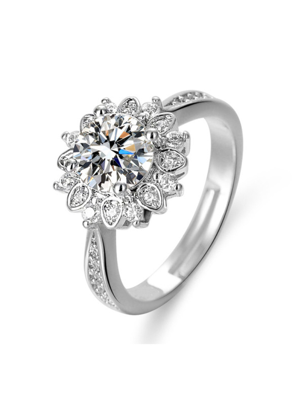 Jewels Galaxy Silver Plated American Diamond Studded Floral Anti Tarnish Adjustable Solitaire Ring