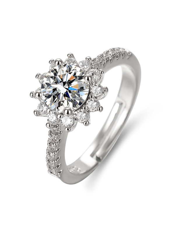 Jewels Galaxy Silver Plated American Diamond Studded Floral Anti Tarnish Adjustable Solitaire Ring