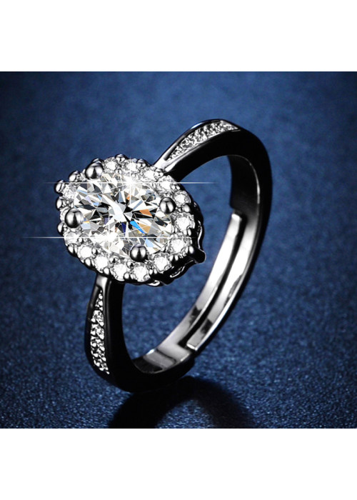 Jewels Galaxy Silver Plated American Diamond Studded Oval Contemporary Adjustable Finger Ring