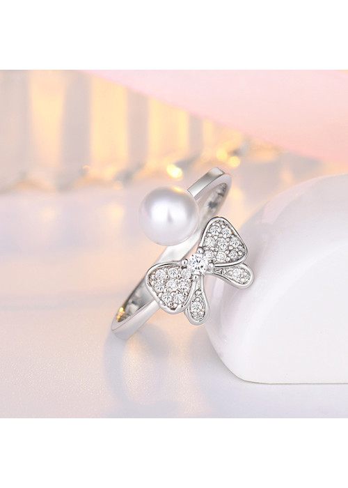 Jewels Galaxy Silver Plated American Diamond Studded Butterfly Shape Contemporary Korean Finger Ring