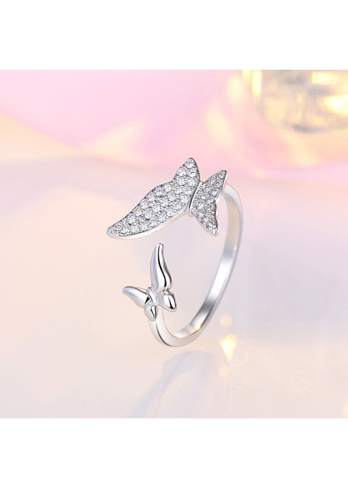 Jewels Galaxy Silver Plated American Diamond Studded Butterfly Shape Contemporary Korean Finger Ring