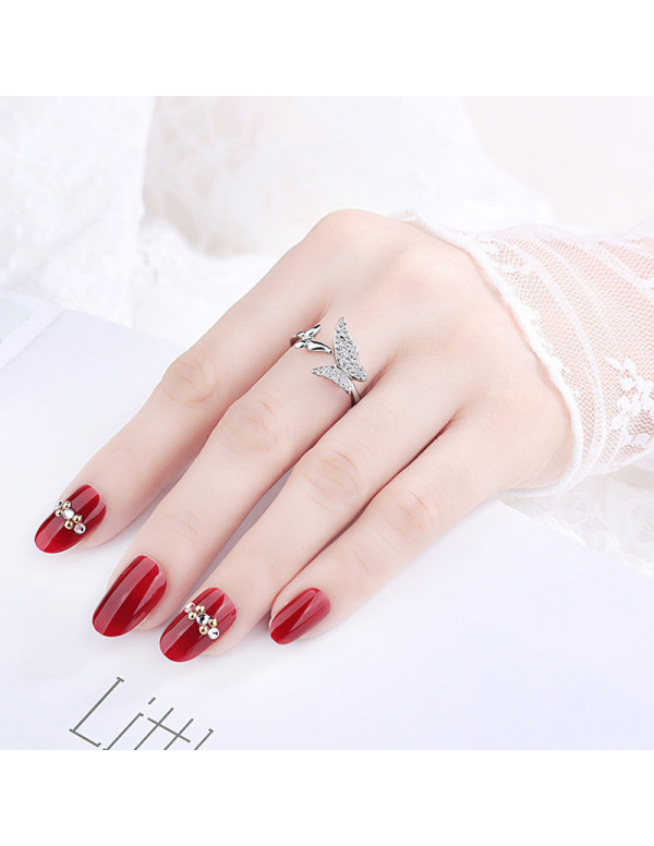 Jewels Galaxy Silver Plated American Diamond Studded Butterfly Shape Contemporary Korean Finger Ring